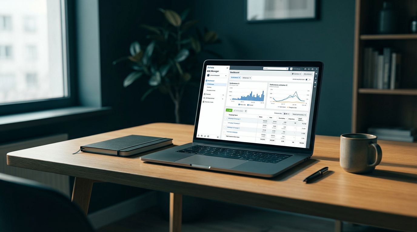 Arbeitsplatz: Laptop mit Social-Media-Dashboard